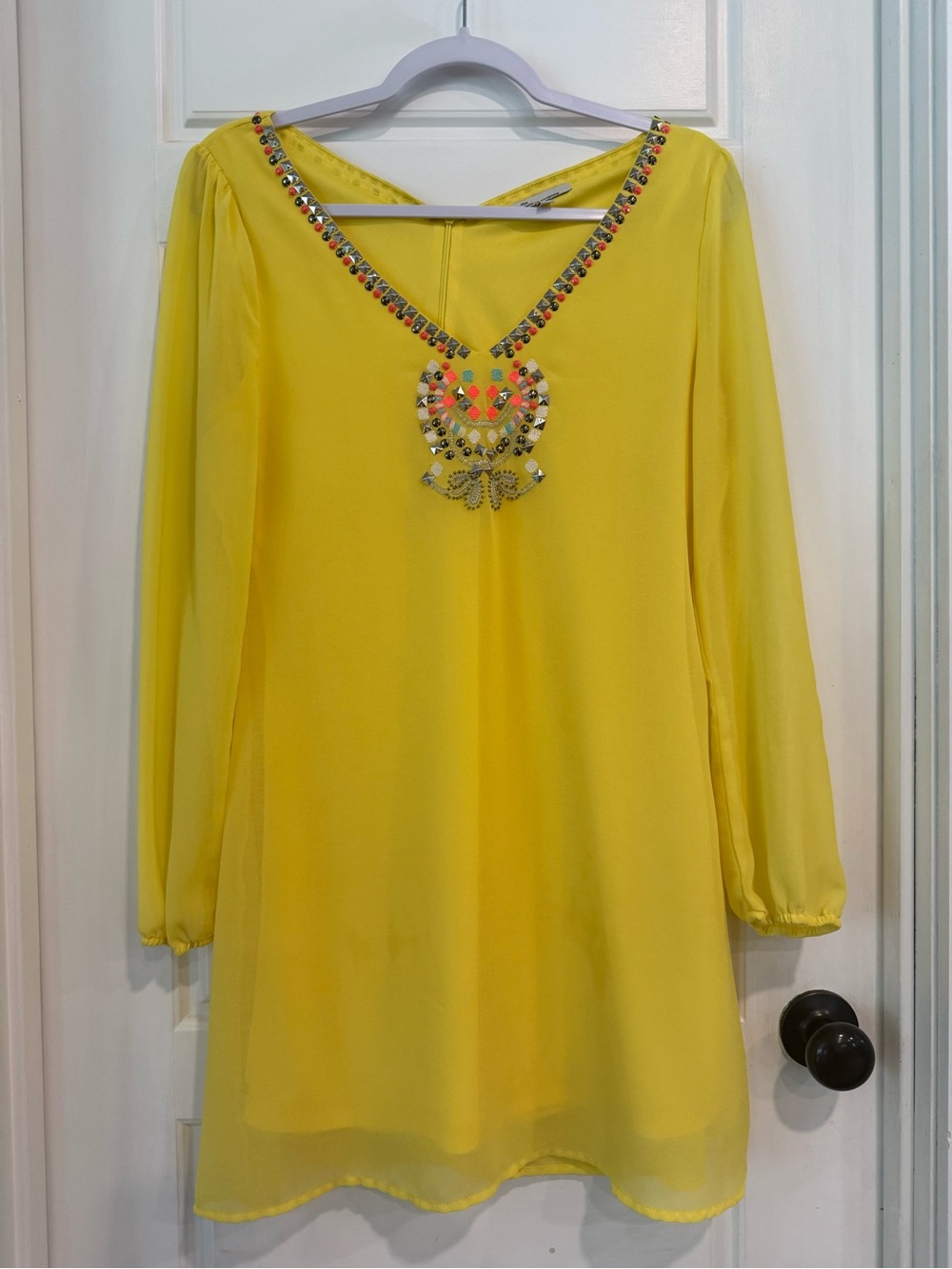 The Clothing Company Yellow Embellished Shift Dress Women’s Medium Boho Tunic